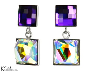 Wiszące, opalizujące i fioletowe kolczyki kwadraty, srebro 925, kryształy Swarovski®