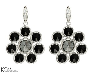 Wiszące, czarne i białe kolczyki kwiaty, srebro 925, kryształy Swarovski®