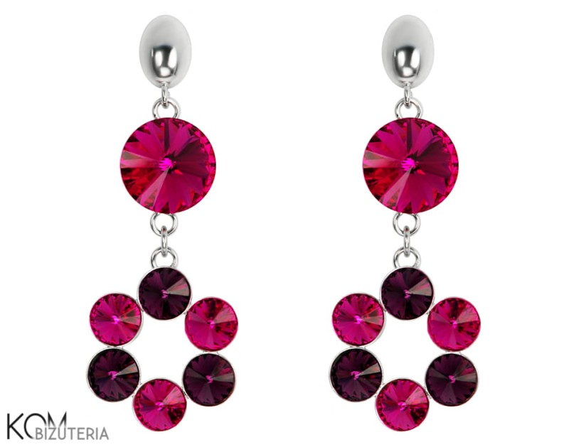kolczyki swarovski sztyft rivoli fuchsia amethyst fiolet purple violet kwiat flower srebro wiszace krotkie.jpg