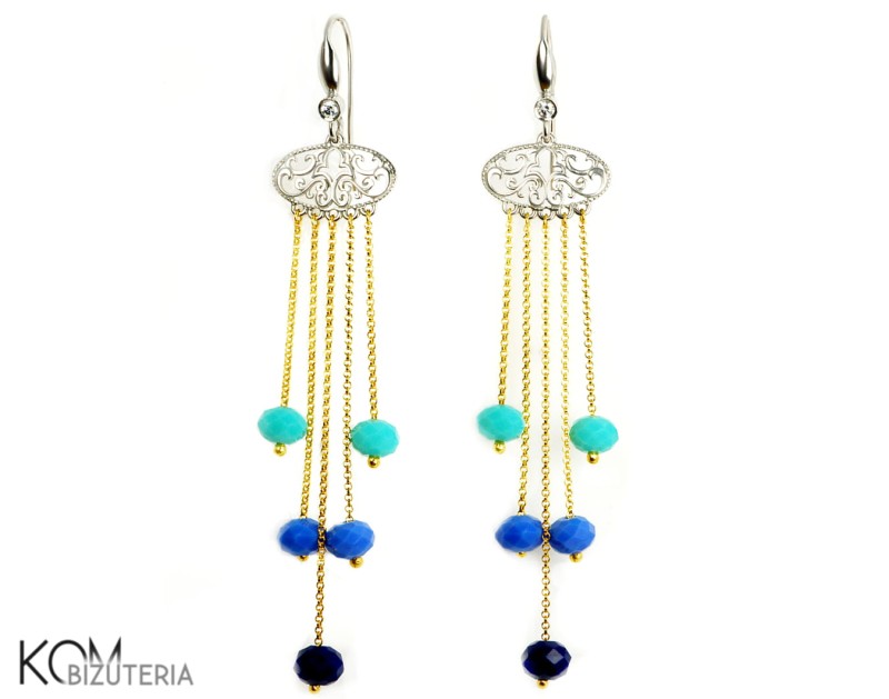 kolczyki lancuch chain srebrne cyrkonia beads niebieski tyrkus granat zloto pozlacane charm glamour otwarte kom bizuteria.jpg