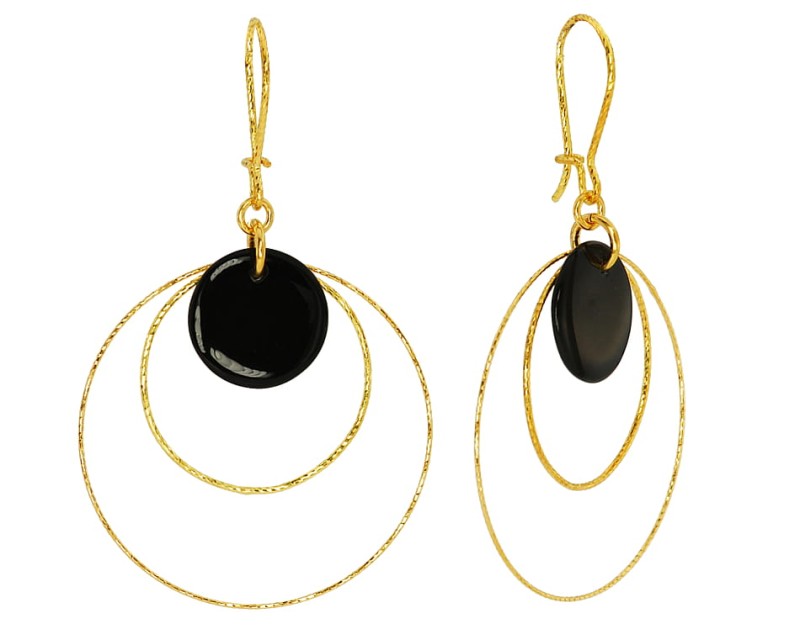 kolczyki otwarte onyx onyks czarny naturalny kamien kola ring kolko kolo srebro zlocone gold-plated diamentowane diament blysk blyszczace diamond cut lekkie kom bizuteria