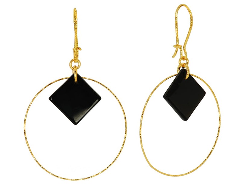 kolczyki otwarte onyx onyks czarny naturalny kamien kwadrat kola ring kolko kolo srebro zlocone gold-plated diamentowane diament blysk blyszczace diamond cut lekkie kom bizuteria
