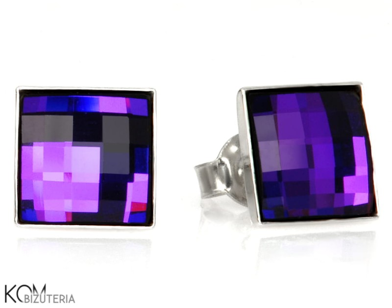 kolczyki sztyfty studs kwadrat square chessboard fiolet purple heliotrope srebro rodowane kom bizuteria.JPG
