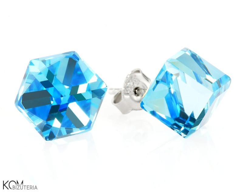 Niebieskie kolczyki sztyfty duże kostki, srebro 925, kryształy Swarovski®