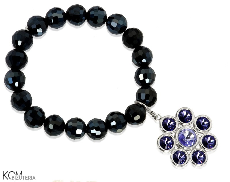 Fioletowa i czarna bransoletka z koralików i duża zawieszka kwiat, kryształy Swarovski®, srebro 925