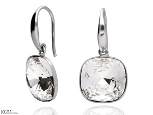 Kolczyki haczyki duże, białe kwadraty, srebro 925, kryształy Swarovski® kwadrat