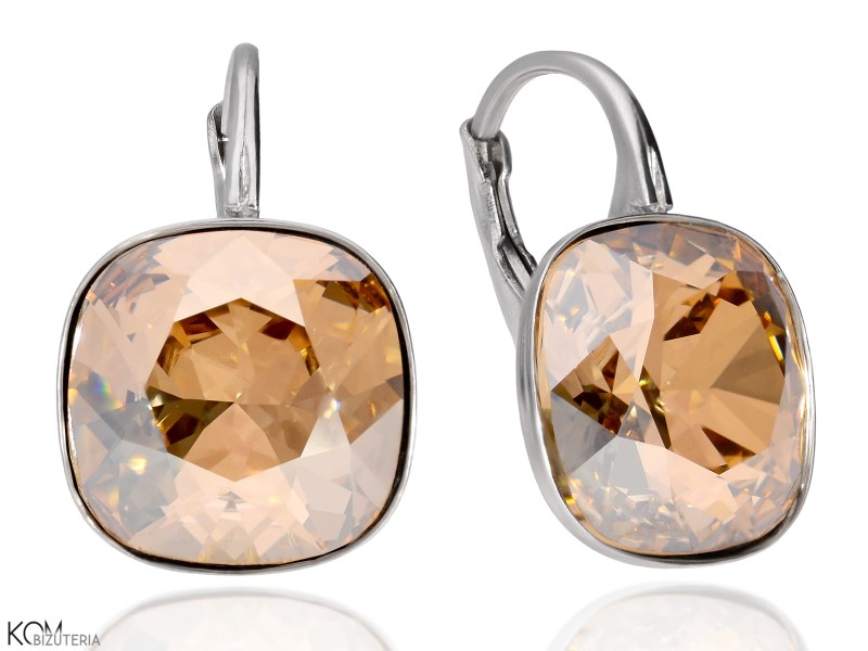 Beżowe kolczyki angielskie duże kwadraty, srebro 925, kryształy Swarovski® kwadrat