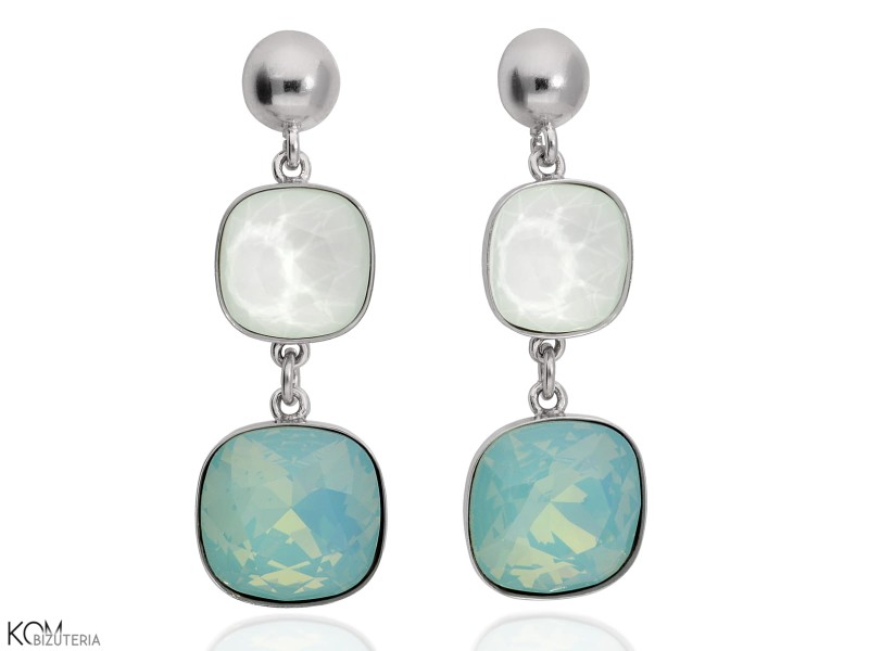 Zielone, opalizujące wiszące kolczyki kwadraty, srebro 925, kryształy Swarovski® kwadrat