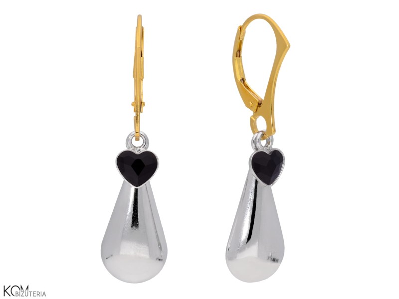Czarne kolczyki krople z serduszkiem, kryształ Swarovski® serce, pozłacane srebro 925