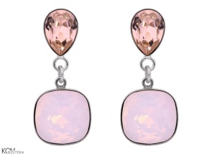 Wiszące różowe kolczyki, kryształ Swarovski® kropla, kwadrat, srebro 925