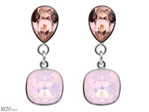 Wiszące różowe kolczyki, kryształ Swarovski® kropla, kwadrat, srebro 925