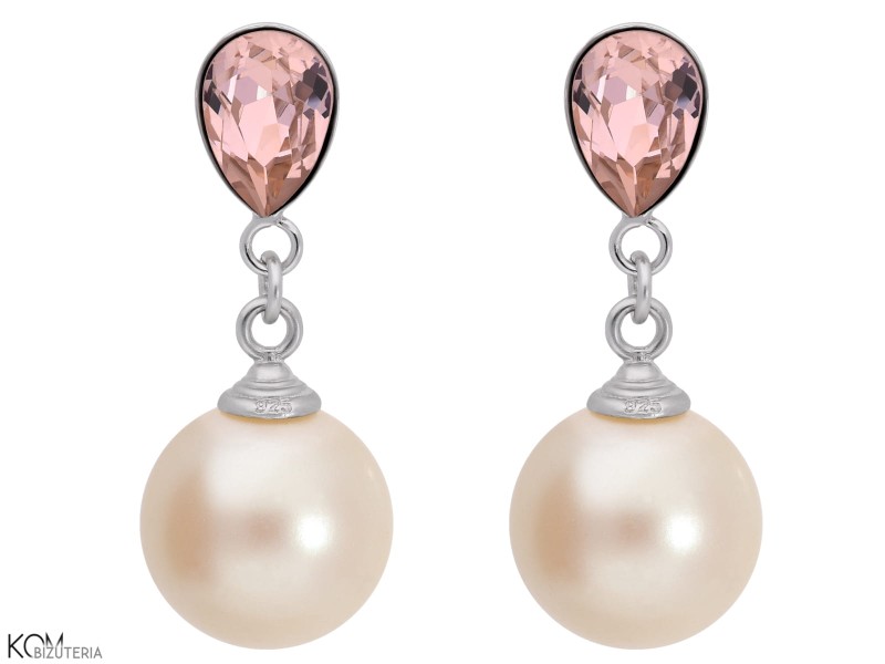 Różowe wiszące kolczyki z perłą, kryształ Swarovski®, srebro 925, perełka syntetyczna