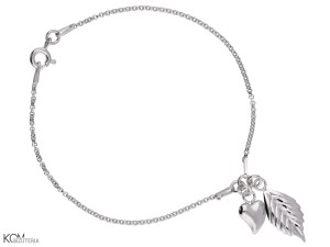 Bransoletka łańcuszek z zawieszką serce i listek, srebro 925