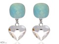 Białe i opalizujące zielone wiszące kolczyki kwadraty i serca , srebro 925, kryształy Swarovski® kwadrat, serce