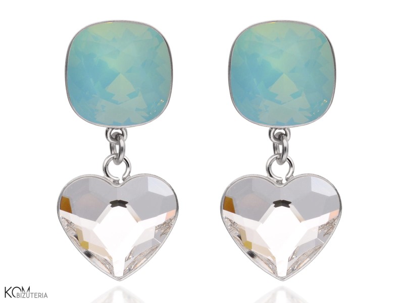 Białe i opalizujące zielone wiszące kolczyki kwadraty i serca , srebro 925, kryształy Swarovski® kwadrat, serce