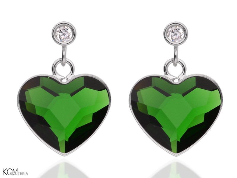 Zielone kolczyki z cyrkoniami i dużym sercem, srebro 925, kryształy Swarovski® serce, cyrkonie
