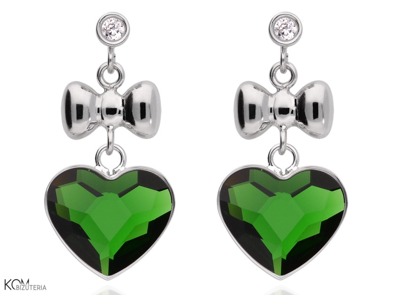 Zielone wiszące kolczyki kokardka i duże serce, srebro 925, cyrkonie, kryształy Swarovski® serca
