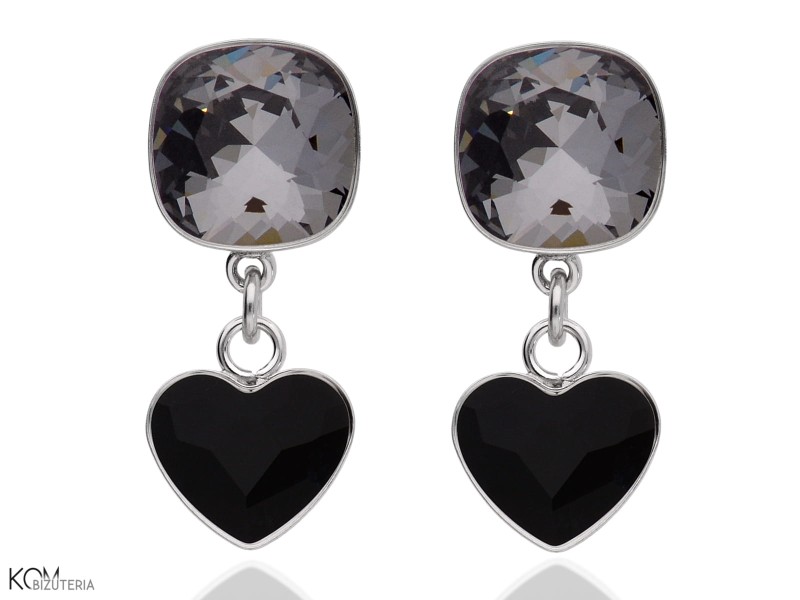 Czarne wiszące kolczyki kwadraty i serca , srebro 925, kryształy Swarovski® kwadrat, serce