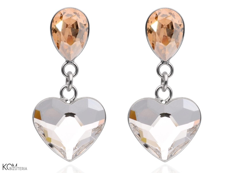 Białe i beżowe wiszące kolczyki kropla i serce, kryształ Swarovski®, srebro 925