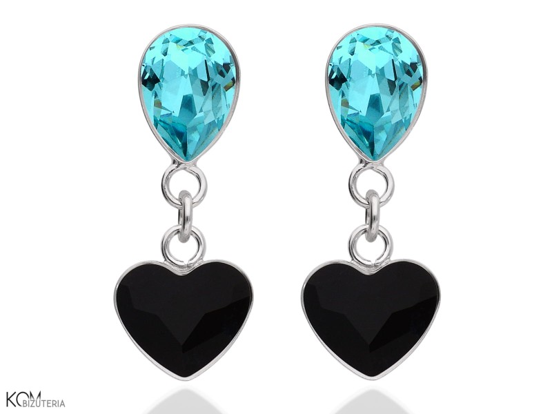 Czarne i turkusowe wiszące kolczyki kropla i serce, kryształ Swarovski®, srebro 925