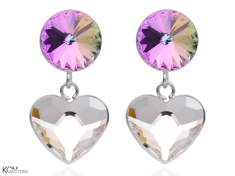 Opalizujące różowe i białe kolczyki wiszące duże serce i oczko, kryształ Swarovski®, srebro 925