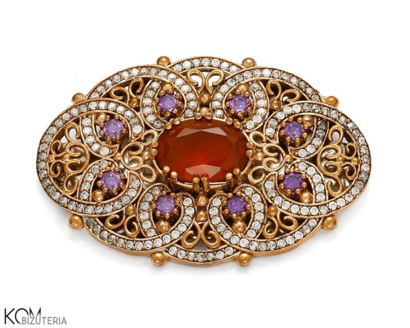 broszka srebrna secesja fiolet czerwony z naturalnymi kamieniami silver brooch natural stones