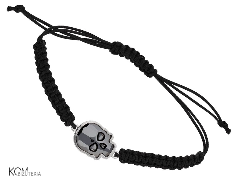 Czarna pleciona bransoletka czaszka, kryształ Swarovski®, srebro 925