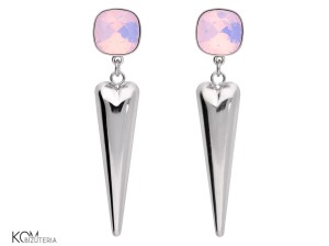 Wiszące kolczyki sople, różowe kryształy kwadraty o efekcie opalu, srebro 925, kryształy Swarovski®
