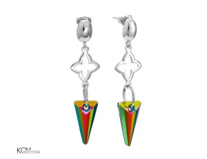Wiszące kolczyki wielokolorowe – zielone, niebieskie, żółte trójkąty i gwiazda, srebro 925, kryształy Swarovski®
