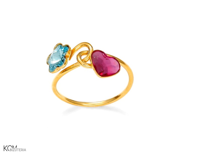 Srebrny pozłacany pierścionek z jasnoniebieskim i różowym kryształem Swarovski®.jpg