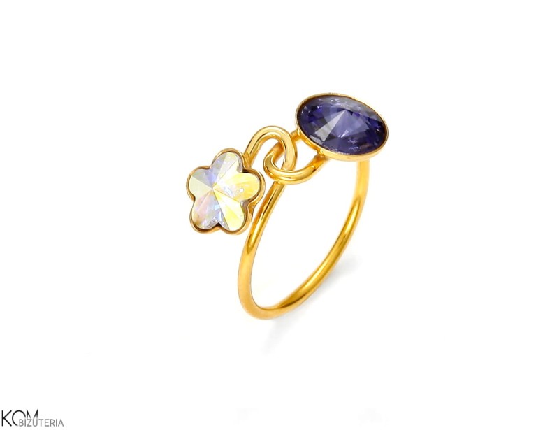 Srebrny pozłacany pierścionek z tęczowym i fioletowym kryształem Swarovski®.jpg