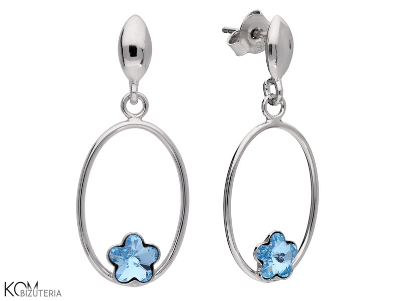 srebrne kolczyki owale z niebieskim kwiatkiem kwiat swarovski aquamarine flower earrings