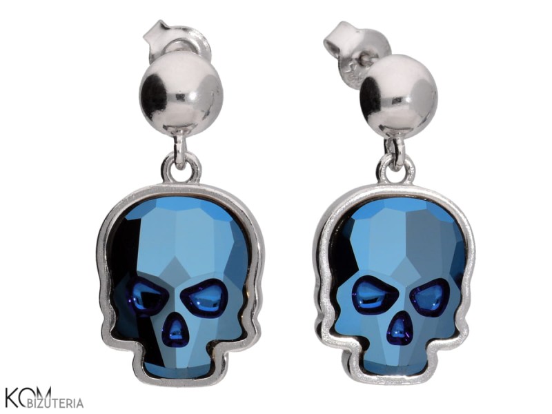 srebrne kolczyki rock punk niebieskie czaszki swarovski