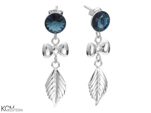 Kolczyki listki z kokardkami, niebieskie oczko, srebro 925, kryształy Swarovski®