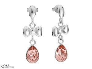 Różowe wiszące kolczyki krople, kokardka, kryształ Swarovski® kropla, srebro 925