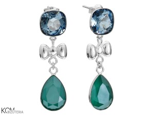 Wiszące kolczyki kwadraty i krople i kokardka, srebro 925, kryształy Swarovski®