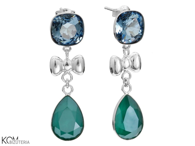 Zielone i niebieskie wiszące kolczyki kwadraty i krople i kokardka, srebro 925, kryształy Swarovski®