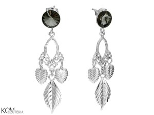 Wiszące kolczyki listki, czarne oczko, srebro 925, kryształy Swarovski®