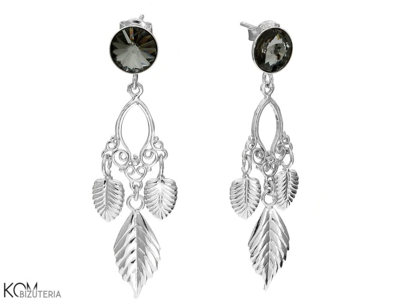 srebrne kolczyki czarny krysztal liscie secesja ozdobne swarovski silver night leaf chandelier earrings