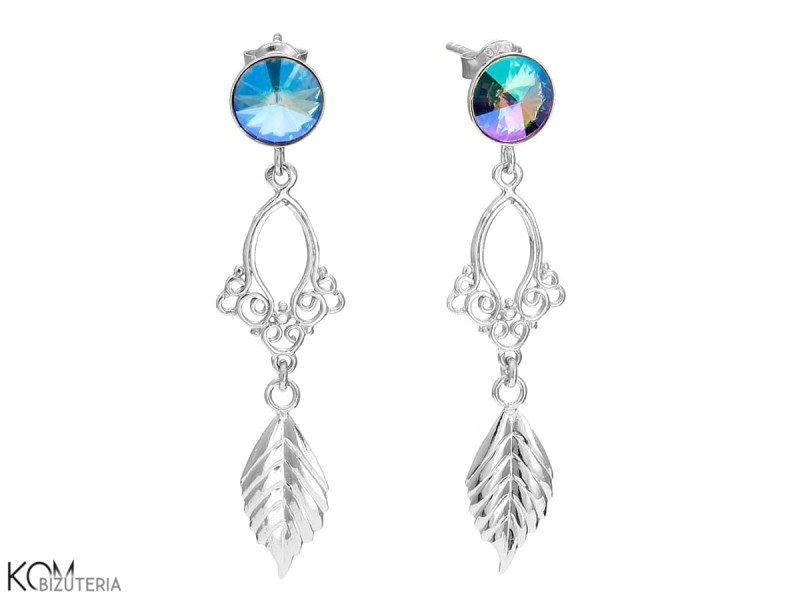 srebrne kolczyki zielony fioletowy krysztal liscie lisc secesja ozdobne swarovski paradise shine leaf earrings