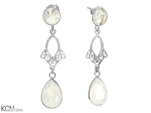 Wiszące kolczyki krople biały opal i patyna, kryształ Swarovski®, srebro 925