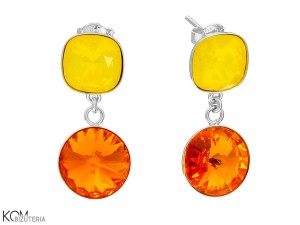 Wiszące kolczyki żółte kwadraty i pomarańczowe oczko, srebro 925, kryształy Swarovski® kwadrat, okrągłe