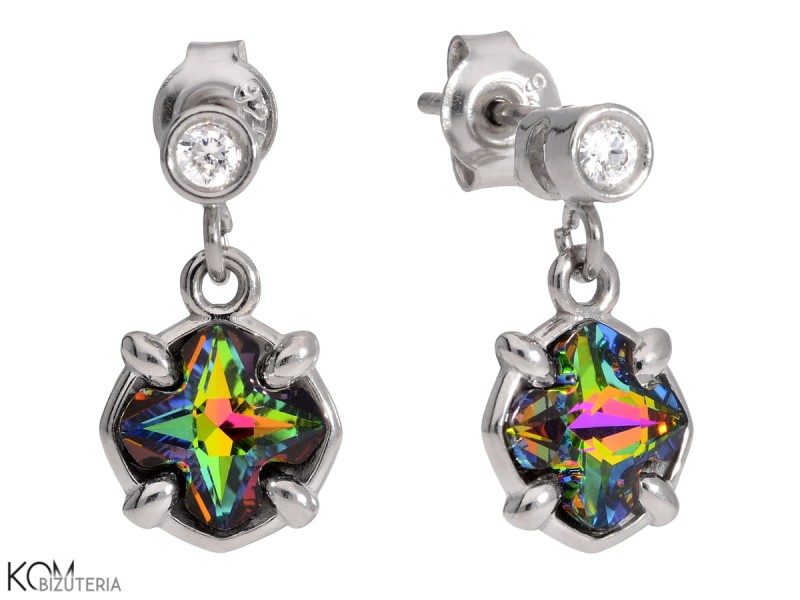 kolczyki krzyze zielone niebieskie swarovski cyrkonie vitrail medium green blue cross earrings