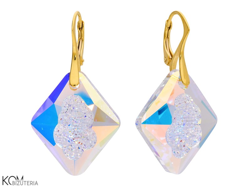 pozlacane srebrne kolczyki geody geoda krysztal ab swarovski ab geode earrings