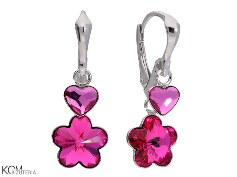 kolczyki wiszace rozowe fuksja kwiat serce swarovski pink fuchsia flower heart earrings