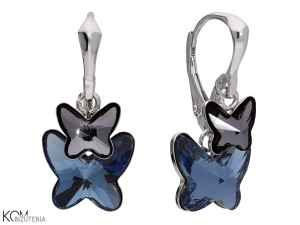Kolczyki angielskie, czarne i niebieskie motyle, srebro 925, kryształy Swarovski®