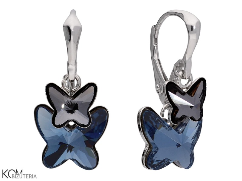 kolczyki wiszace niebieski czarny motyl swarovski denim blue silver night black butterfly earrings