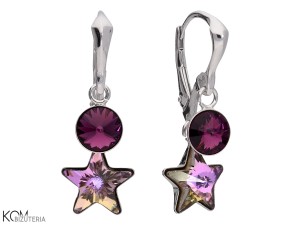 Kolczyki angielskie, różowe, mieniące się gwiazdki i fioletowe oczka, srebro 925, kryształy Swarovski®