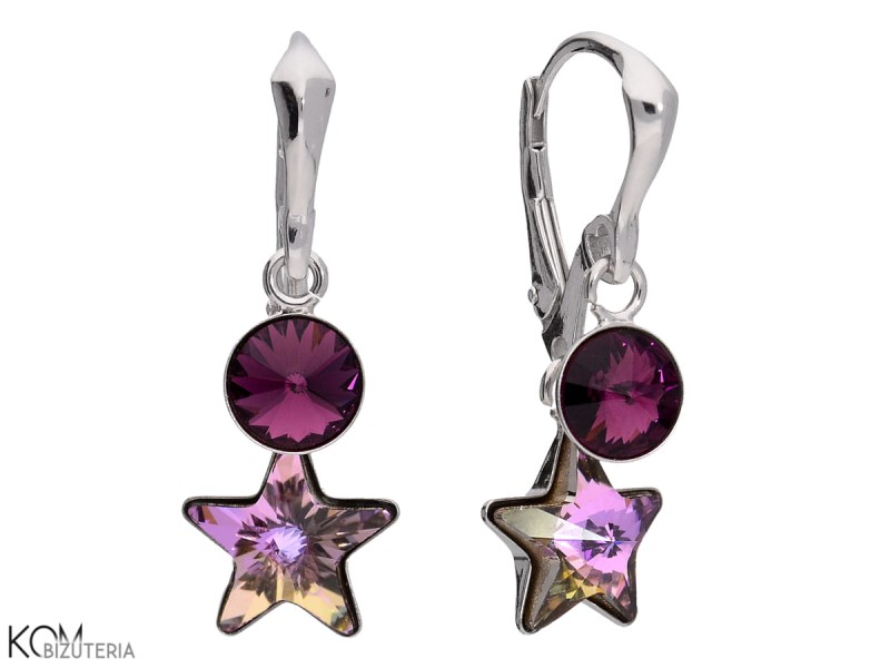 kolczyki wiszace rozowa zielona gwiazda fiolet rivoli swarovski vitrail light star purple rivoli earrings