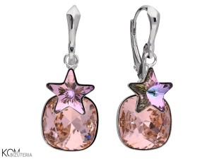 Kolczyki angielskie, różowe kwadraty i różowe, mieniące się gwiazdki, srebro 925, kryształy Swarovski®